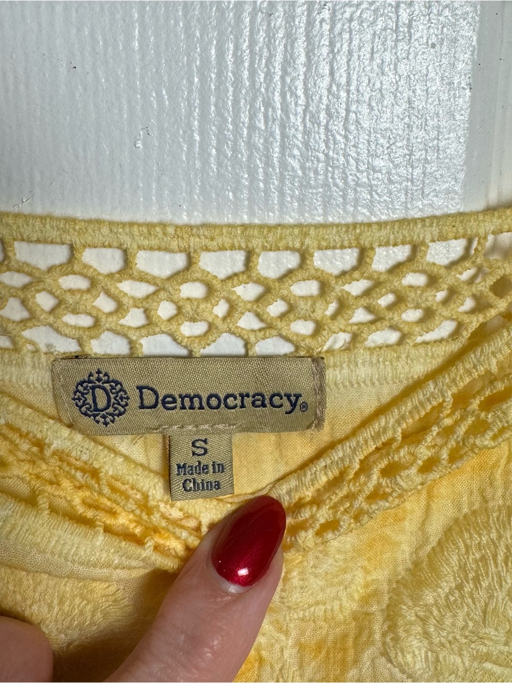 Democracy Yellow Crochet Lace Boho Blouse Top 100% Cotton Size S Cottagecore - Picture 7 of 11